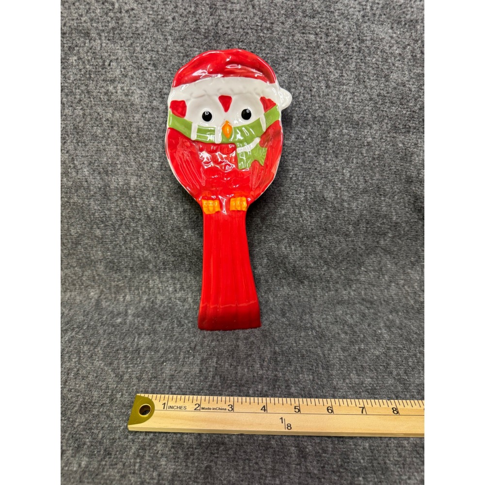 Large Christmas Owl Ceramic Spoon Rest 10 Inch Red Green Santa Hat Holiday Decor